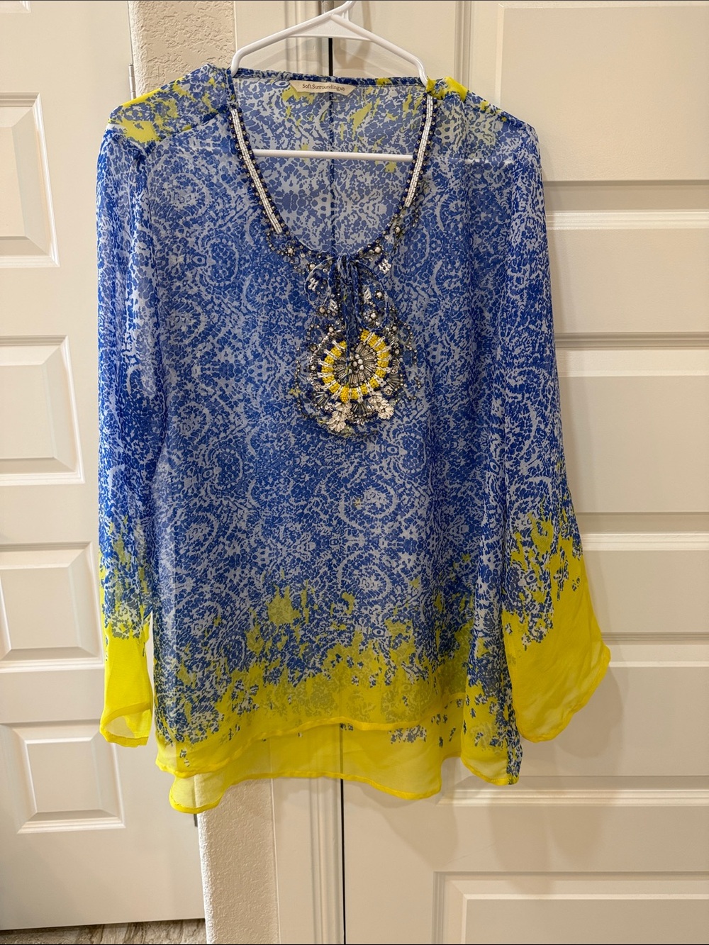 Soft Surroundings Blue & Yellow Beaded V-Neck Tunic